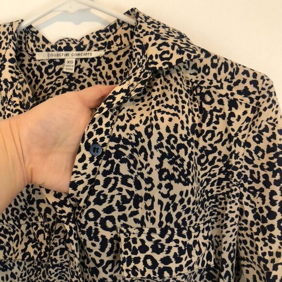 COLLECTIVE CONCEPTS Cream Beige Navy Blue Cheetah Leopard Animal Shirt Dress XS - Picture 6 of 10